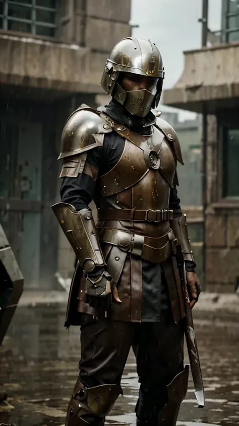 Epic futuristic soldier, holding two swords, ornate armour, standing on battlefield, heavy rain, masked, wears a Spartan helmet, bloody