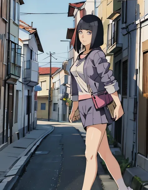 Madura hinata, caminando por la calle, imagen detallada 8k, pechos medianos, piernas delgadas, sonrrojada, usando ropa entallada, maquillaje