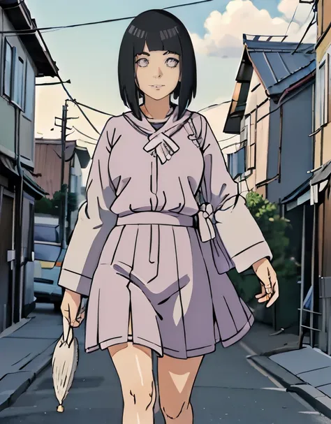 Madura hinata, caminando por la calle, imagen detallada 8k, pechos medianos, piernas delgadas, sonrrojada, usando ropa ajustada y sexy, maquillaje