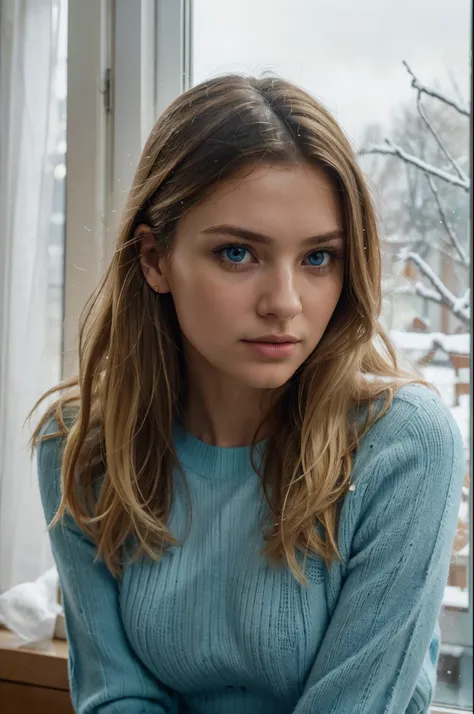 RAW, selfie photograph,((best quality)), ((masterpiece)), ((realistic)), gorgeous european woman wearing warm wool blue sweater, hair in a knot, 24 year old, (long blonde hair), blue eyes, inside next to window, winter outside, snowing outside, looking out...