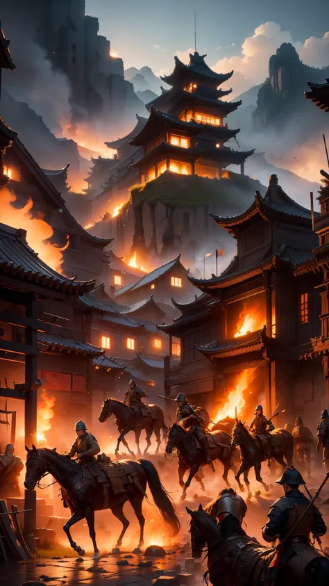 masterpiece，best quality，multiple persons，soldier，rios，night，bonfire，spear，knife，arms，，banner，horses，smoke，a burning city，flame，...