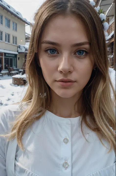 RAW, selfie photograph,((best quality)), ((masterpiece)), ((realistic)), gorgeous european woman wearing, black blouse and a white pants, 24 year old, (long blonde hair), blue eyes, taking selfie outside, winter, winter scene, snowing, , taking a selfie, s...