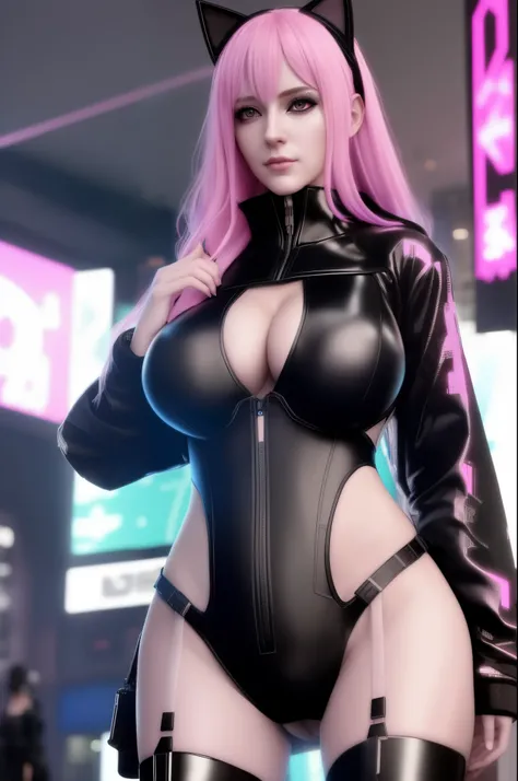 Alaf in black and pink costume posing for photo,((huge tit)), ((cameltoe)), an oppai cyberpunk, female cyberpunk anime girl, cyberpunk 2 0 y. o Model girl, Cyberpunk Anime Girl, dreamy cyberpunk girl, in the cyberpunk city, Cyberpunk Girl, bright cyberpunk...