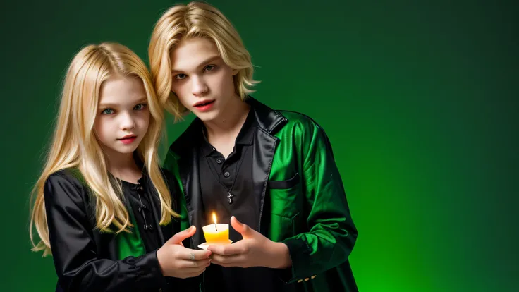 KIDS MAN vampire blonde  green clothes. and candles, green light candles., GREEN BACKGROUND banished of sin