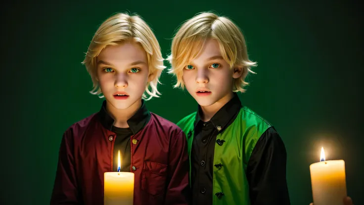 KIDS MAN vampire blonde  green clothes. and candles, green light candles., GREEN BACKGROUND banished of sin