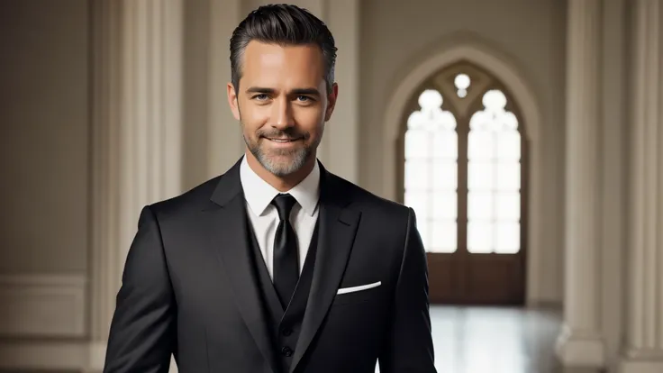 create actor jay harrington as a pastor, smiling and happy, pastor looking at center of image, background image of temple from i...