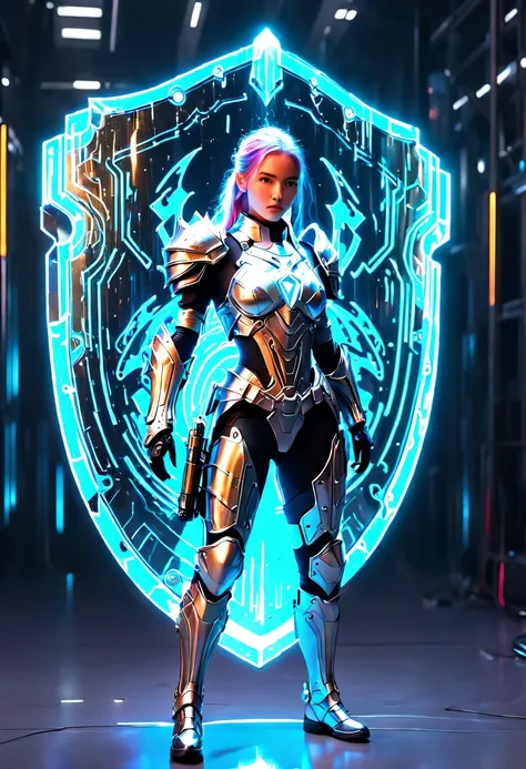 (Legendary Energy Light Shield:1.5)，Sci-fi transparent ethereal shield，Future female knight holding a large shield，cyberpunk，Holographic projection，fault art，mechanical aesthetics，neon lights，laser light，fluorescence，glow effect，liquid metal，Copper plate e...