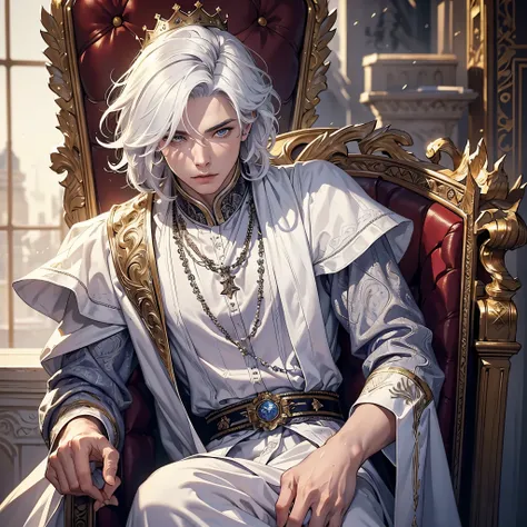 masterpiece: 1.2, best quality), realistic, (real image, intricate details, depth of field), (1boy, solo), makeup, highly detailed, perfect face, white hair, wearing armor, king, dye, seductive, male, throne behind background, crown, coronation,