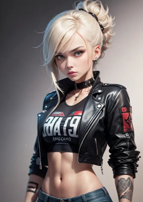 1 girl Assertive athlete, with amber eyes and platinum blonde spikes. Wears leather jackets, graphic tees, ripped jeans, and combat boots, a modern rebel. Discreet tattoos hint at her rebellious spirit, and short spiky hair adds to her bold appearance. Rei...