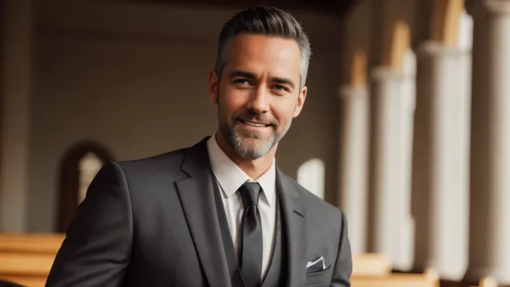 Create actor Jay Harrington as a Pastor, smiling and happy, Pastor looking at center of image, background image of temple from inside, Pastor, short gray hair, film cover style, short gray beard, wearing black suit, focus on body details, cover image, heav...