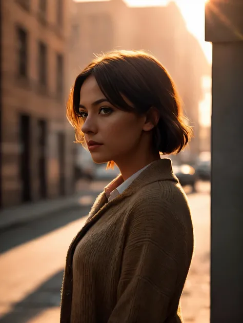  A cinematic realism image. A close-up of a woman standing on the street in golden hour backlighting. Warm color palette with natural light. Realistic with cinematic photography. Masterpiece, UHD.