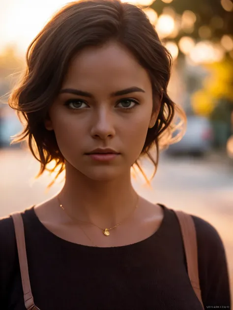  A cinematic realism image. A close-up of a woman standing on the street in golden hour backlighting. Warm color palette with natural light. Realistic with cinematic photography. Masterpiece, UHD.