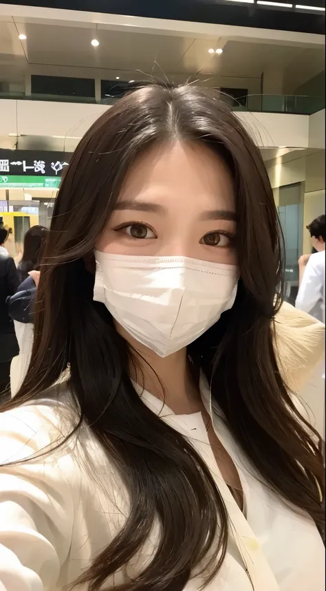 long beautiful hair、white mask、arafed woman wearing a face mask、open white silk blouse、(Hakata station in Fukuoka in the background、Fukuoka Tenjin)、Precisely expresses details such as face and skin texture、Big eyes、double eyelid