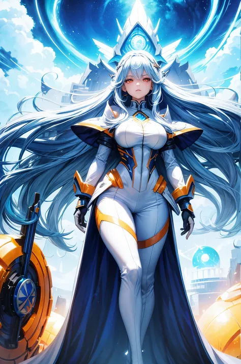 standing, Super powerful bright blue effects, long white hair, busty, white suit, bright orange eyes, woman, adult [futuristic dome]