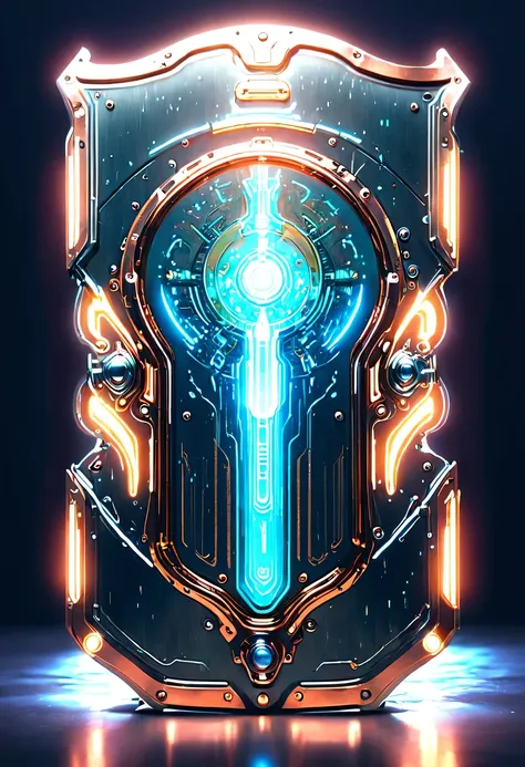 (legendary energy light shield:1.5)，liquid metal，copper plate engraving，sci-fi transparent ethereal shield，cyberpunk，holographic...