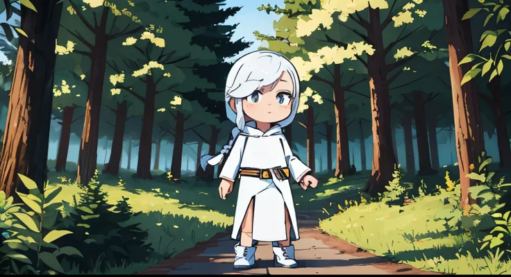 boy, In the woods, white hair in a braid, black strand, white, white clothes, golden belt, White pants, hood