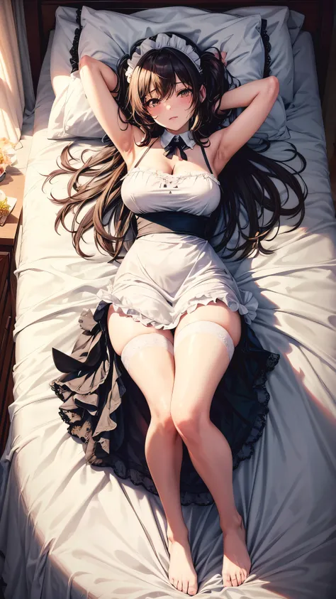 maid  , drunk girl  , messy hair , messy hair on her face , with arms up , lying on bed , full body view , thick body, long maid dress 