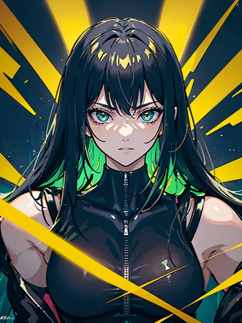 (yellow cyberpunk speed tactical suit:1) (1woman) dark theme :: focus on closeup face, serious face, cibetic visor, :: medium black hair, thick thighs :: ultra realistic futuristic speedster scifi cyberpunk athletic woman, black eyes, ((running in the midd...