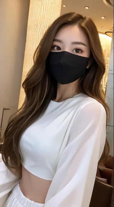 long beautiful hair、white mask、arafed woman wearing a face mask、(highest quality、High resolution、masterpiece:1.3)、tall and cute woman、thin abs、Loose wavy dark brown hair、open white silk blouse、(The background is a luxury hotel lobby)、Precisely expresses de...