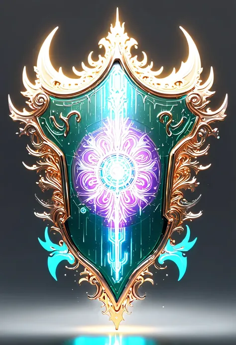 hyper detailed masterpiece，Dynamic，amazing quality，Floating super large ethereal shield，(Legendary Energy Light Shield:1.5)，liquid metal，Copper plate engraving，Sci-fi transparent ethereal shield，metallic feel，Retro cyberpunk，Surrealism，The Arthur effect, t...