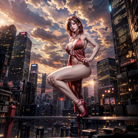 ((NSFW:-0.95)), (((nipple:-0.9))), ((Acutance:0.85)), (from below) . A (KAWAII girl:1.2) is quarter squatting in the city, with white lingerie and Red highheels. The background is the downtown area at (Twilight:1.4), (((Red-dyed clouds above hed:1.2))), { ...