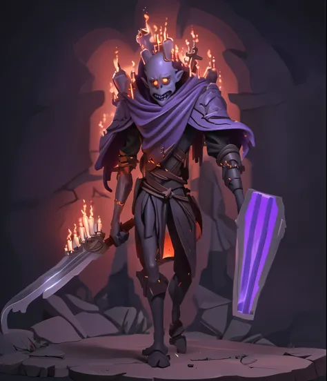 A lanky golem holding a sword and a shield. purple flame candles on his shoulders and head