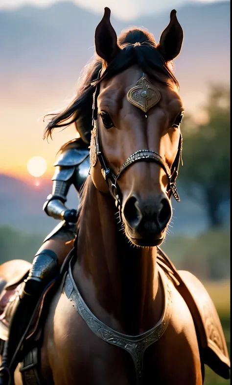 (masterpiece), (extremely intricate:1.3), (realistic), portrait of a girl riding a horse, badass, the most beautiful in the world, (medieval armor), metal reflections, upper body, outdoors, intense sunlight, far away castle, professional photograph of a st...