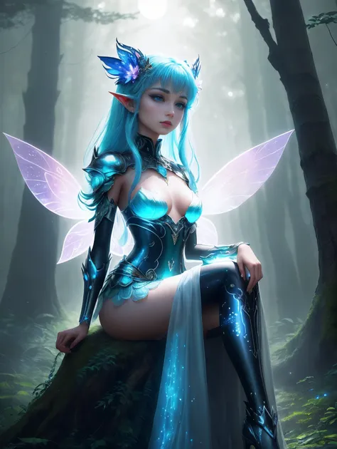  “Imagine a scene in an enchanted, futuristic forest where a cyborg fairy princess resides. She is a mesmerizing blend of delicate fairy beauty and advanced cybernetics. Her wings, a stunning lattice of bioluminescent fibers and micro-engineered metal, shi...