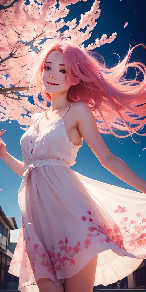 a picture of mse a beautiful woman,the most beautiful girl by agnes cecile, cheerful expression, beautiful pink hair moved by the wind, Sakura leaves in the air, dress moved by the wind,luminous design, pastel colors, ink drops, autumn lights,