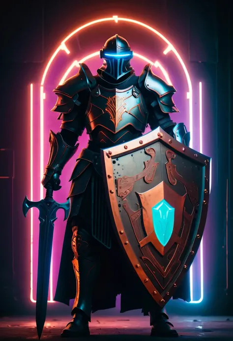 Medieval knight holding large shield，cyberpunk，Holographic projection，fault art，mechanical aesthetics，neon lights，laser light，fluorescence，glow effect，liquid metal，Copper plate engraving，Unreal Engine