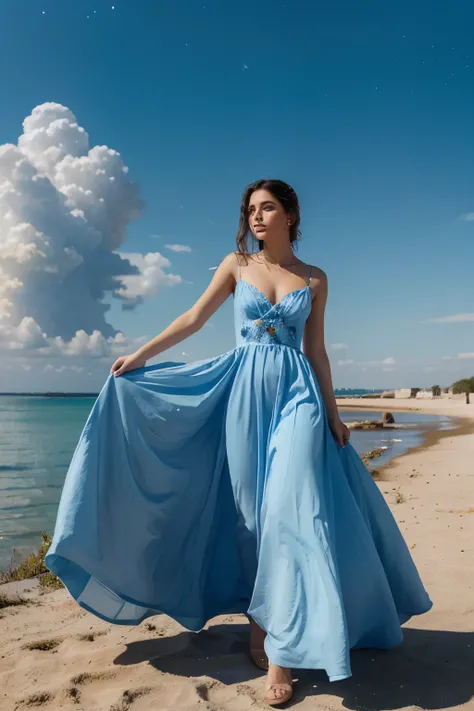 Illustrate a dress with a celestial blue color palette, resembling the cerulean sky, and adorned with golden stars and clouds that evoke a dreamlike atmosphere.