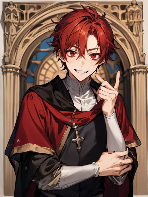 Medieval, idiot, young male teenager, red eyes, short red hair, uniform, academy, smiling, dumb