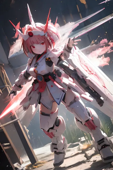 (highest quality)), ((masterpiece)), (very detailed: 1.3), 3D, {(japanese young girl)}, white theme, (ware a scarlet hakama:1.2), wear shrine maiden anime costume,  (She is fused with futuristic Gundam mecha:1.2), with headgear, with v-fin , armored should...