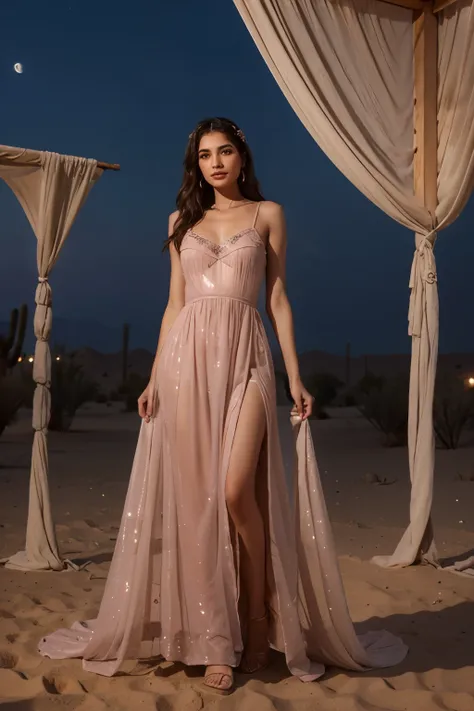 Create a dress with a blend of moonlit romance and desert allure, incorporating rose motifs, soft fabrics, and subtle shimmer that symbolize Hatims lover.