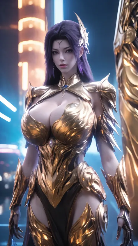 A beauty girl douyin, 1GIRL, (MECHA PHOENIX GOLD HELM:1),((HUGE FAKE BREASTS,CLEAVAGE:1.5)), (MUSCLE ABS:1.3), ((LED BODY:1.1)), (PURPLE SHINY FUTURISTIC MECHA BRA,BLACK SKINTIGHT MECHA PANTIES:1.5), (PERFECT THICK BODY, GLOWING BODY SKIN:1.1), (LOOKING AT...