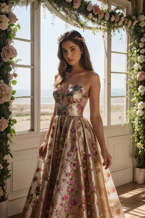 Create a dress adorned with fantasy-inspired florals, incorporating oversized blooms, vine-like patterns, and a whimsical touch that mirrors the romantic side of Hatims adventures.