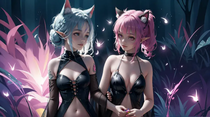 2 elf girls, 22 years old, multicolor hair, space buns, cat ears, jungle, fireflies, full body, extreme abs, cute face, smiling, gothic dress, tattoos, fluorescent, magical scene, beautiful, fashion, splash of color, paint splatter, rainbow lights, world o...