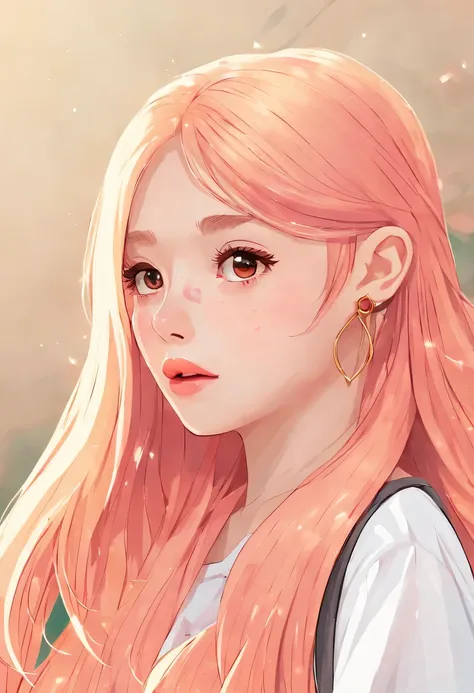 best quality, cartoon_portrait, 1 girl, alone, long hair, looking at the audience, blonde hair, simple background, shirt, brown eyes, white shirt, pink hair, Colorful hair, earrings, lips, 