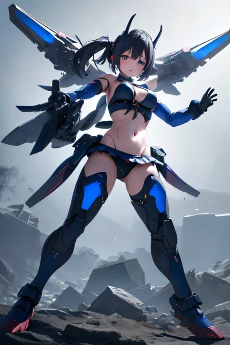 (highest quality)), ((masterpiece)), (very detailed: 1.3), 3D, (wear dark blue Old School Swimsuit under armor:1.3), 1 girl, unarmored waist,  (She is fused with futuristic Gundam mecha:1.2), with headgear, add v-fin to the forehead, armored shoulders,armo...