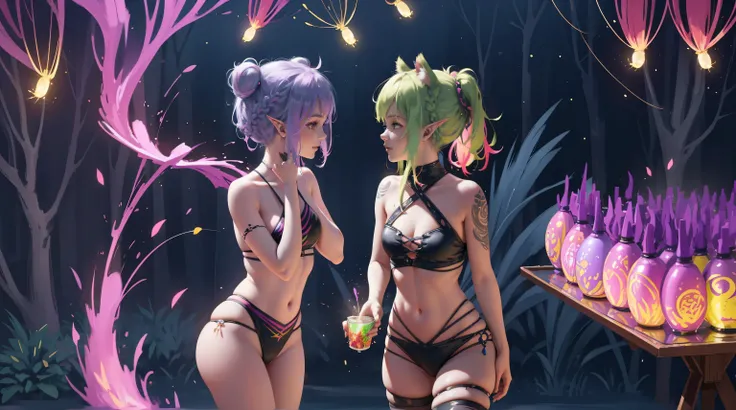 2 elf girls, 22 years old, multicolor hair, space buns, cat ears, jungle, fireflies, full body, extreme abs, cute face, smiling, gothic dress, tattoos, fluorescent, magical scene, beautiful, fashion, splash of color, paint splatter, rainbow lights, world o...