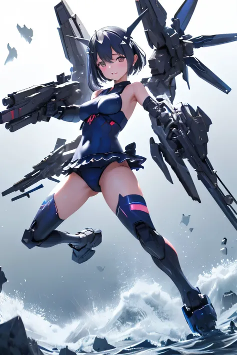 (highest quality)), ((masterpiece)), (very detailed: 1.3), 3D, (wear dark blue Old School Swimsuit under armor:1.3), 1 girl, unarmored waist,  (She is fused with futuristic Gundam mecha:1.2), with headgear, add v-fin to the forehead, armored shoulders,armo...