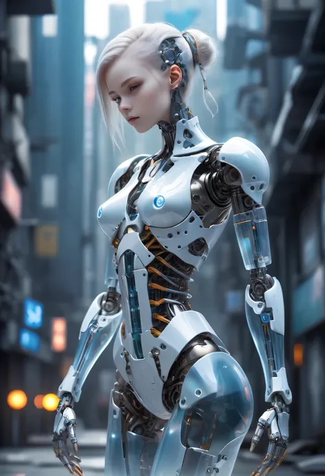 translucent ethereal mechanical girl，futuristic girl，mechanical joint，mecha girl，futuristic city background