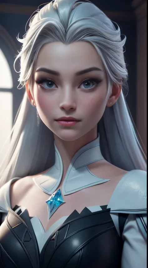 Highly detailed CG unity 8k wallpaper, style shot, complex, high detail, dramatic, highest quality movie still image, very detailed, masterpiece, best quality, character design, Elsa, Elsa from Frozen, (( Dark style)), realistic ultra-detailed rendering st...