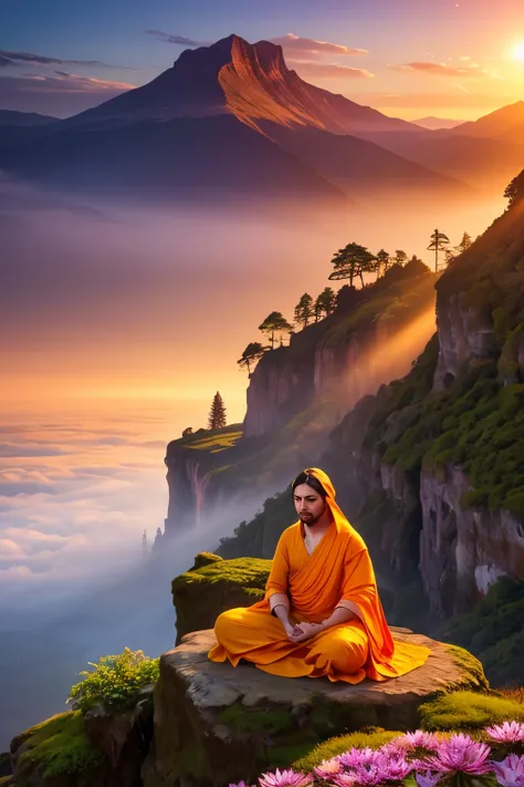 A mystical meditation scene, shrouded in twilight hues and ethereal beauty. A sage figure, dressed in vibrant orange and saffron robes, sits cross-legged on a lotus flower, his serene gaze fixed on the horizon. His hands rest in the traditional mudra posit...