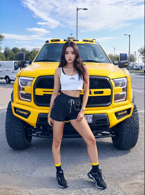 arafed woman in a white top and black shorts standing next to&#39;un camion jaune, Bella Poarch, photo de profil, instagram model, image de profil, e-fille, e - fille, 🔥 😎 🕹️ 👀 :2, jaune et noir, Ford F-150 Raptor, Shaxi, Breathtaking beauty, noir et jaune...