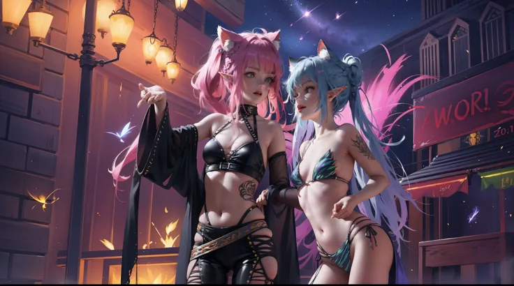 2 elf girls, 22 years old, multicolor hair, space buns, cat ears, jungle, fireflies, full body, extreme abs, cute face, smiling, gothic dress, tattoos, fluorescent, magical scene, beautiful, fashion, splash of color, paint splatter, rainbow lights, world o...