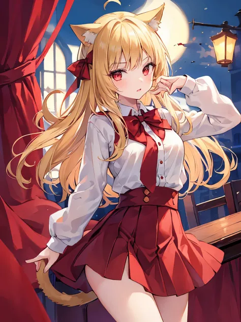 1 girl, change, vampire, short, long blonde hair with cat ears, cute, Uses Red Army school uniforms, using a skirt,