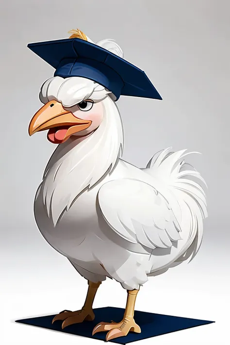 cartoon of a white rooster wearing a graduation cap and gown