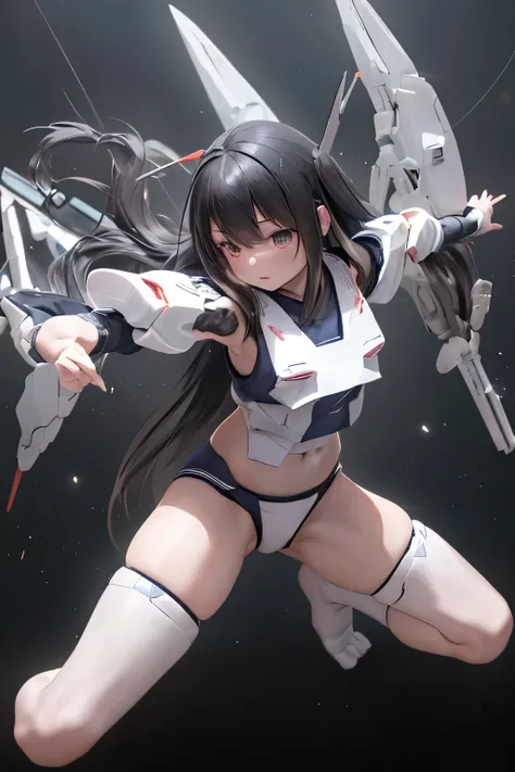 (highest quality)), ((masterpiece)), (very detailed: 1.3), 3D, {(1 young girl)}, (wear navy buruma and white gym uniform with colored hem under armor:1.2), (black hair:1.5), (She is fused with futuristic Gundam mecha:1.2), with headgear, with v-fin , armor...