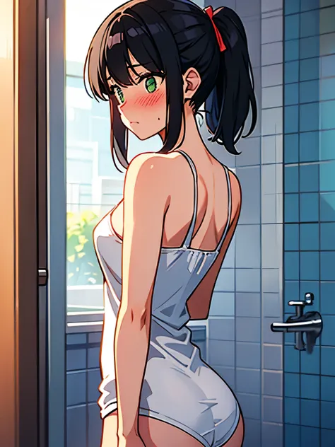 Girl, black hair, closed mouth, green eyes, embarrassed face, blushing, wrapped in a towel, in a bathroom, small breasts and small ass